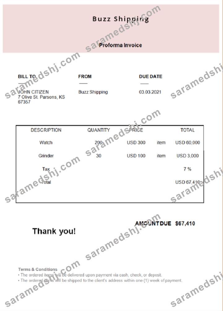 USA Buzz Shipping invoice
